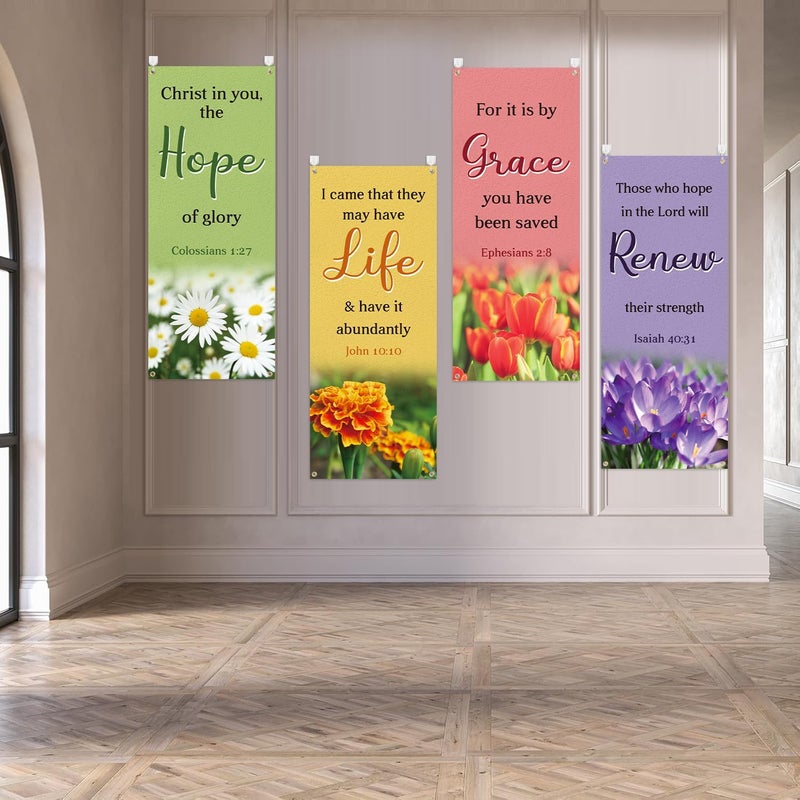 Yopyame Church Banners with Scripture - 4PCS Christian Banners for Home Decorations 24 x 59.4 Inch Vinyl Floral Pattern Religious Praise Churches Banner for Churches Sunday School Indoor Outdoor - Image 5